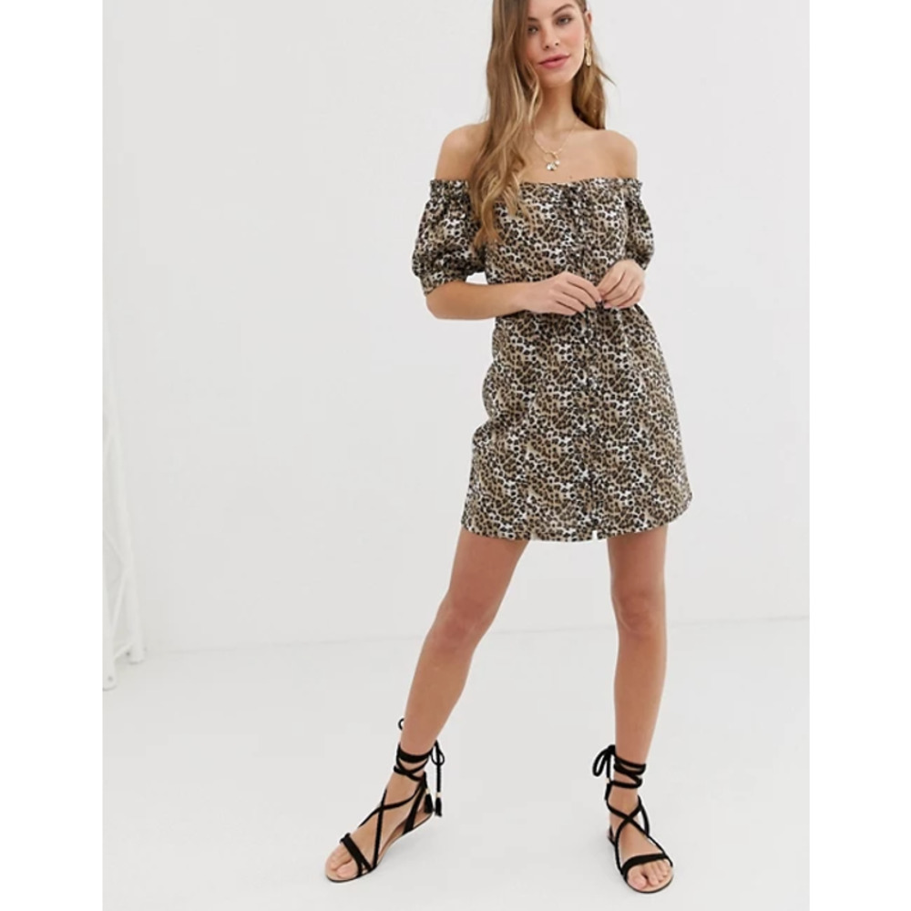 ASOS Lace Up Puff Sleeve Leopard Mini Dress